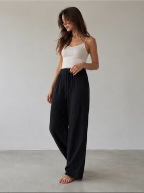 Halara Wide Leg Pull On Lounge Pants L Black Relaxed Flowy Casual